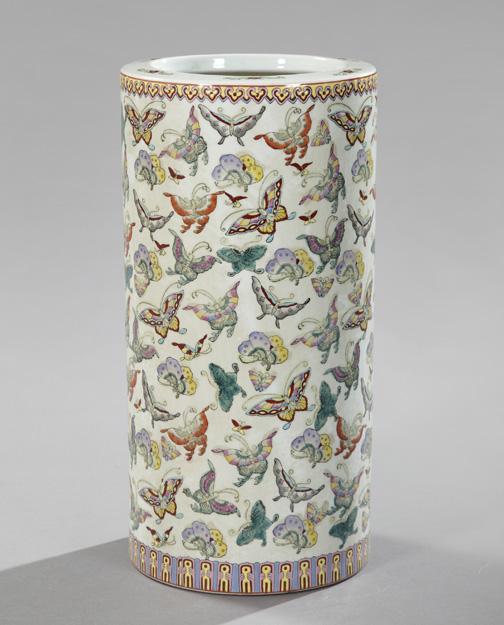 Large Kuang Hsu Porcelain Umbrella Stand,: Large Kuang Hsu Porcelain Umbrella Stand, first quarter 20th century, of cylindrical form and richly polychromed in "Mille Papillons" decor, h. 18-1/8", dia. 9".