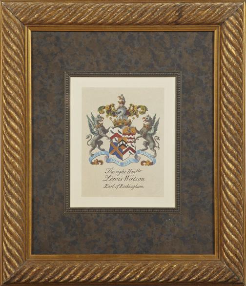 British School (20th Century): British School (20th Century) "Armorial Illustrations", pair of offset lithographs, sight 12-1/2" x 10". Both glazed, handsomely matted and presented in rope-molded giltwood and gesso frames.