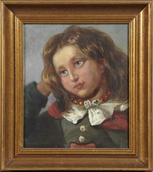 British School (First Quarter 20th Century): British School (First Quarter 20th Century) "Portrait of a Child with an Amber Necklace", oil on panel, unsigned, 14" x 12". Presented in a giltwood and gesso frame.
