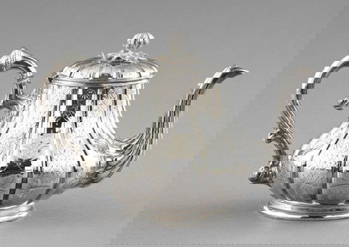 James Dixon and Sons, Sheffield, Teapot: James Dixon and Sons, Sheffield, Silverplated Teapot, third quarter 19th century, the finial modeled as a cabbage resting on a spray of leaves and removable, h. 6-3/4", w. 6-1/2", l. 10-3/4".