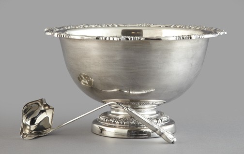Silver Punchbowl and Ladle,: Silver Punchbowl and Ladle, second quarter 20th century, the large Rogers Brother "Heritage" silverplate footed punchbowl in the "Old Sheffield" style, h. 9-1/2", dia. 17"; the matching silverplate an