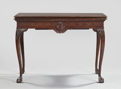 George III-Style Mahogany Dining Table,: George III-Style Mahogany Dining Table, the rectangular molded top lifting to accommodate three leaves, over a fretwork-carved frieze, raised on cabriole legs headed by acanthine carving and ending in
