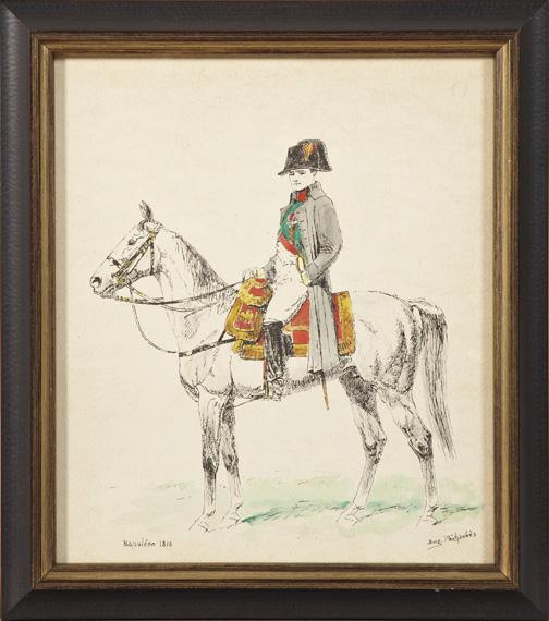Three Portraits of Napoleon I,: Three Portraits of Napoleon I, including an "Equestrian Portrait of Napoleon I" by Eugene Pechaubes (French, 1890-1967), ink and watercolor on paper, signed lower right "Eug. Pechaubes", titled lower 