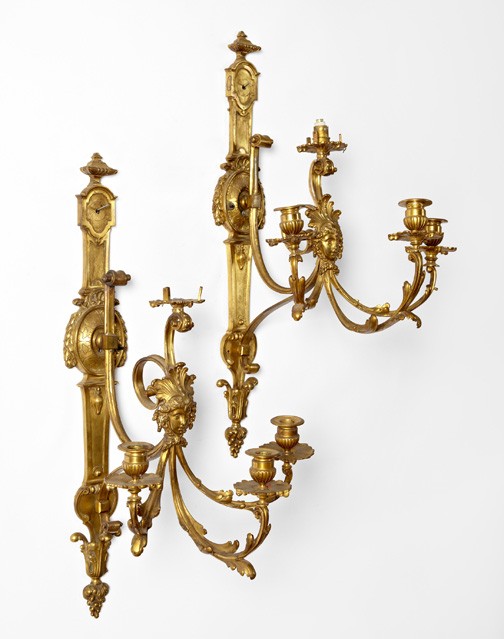 Paillard, Paris, Gilt-Bronze Four-Light Appliques: Stately Pair of Paillard, Paris, Gilt-Bronze Four-Light Appliques, first quarter 20th century, in the Louis XIV taste, each with a gathered trio of foliate candlearms fronted by a feather-diademed fem