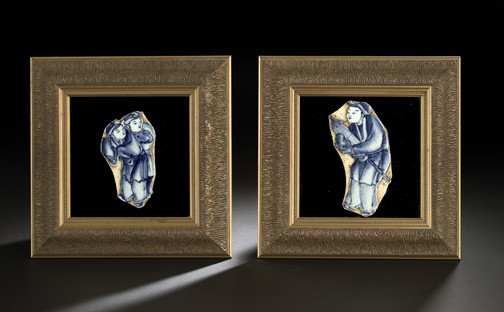 Unusual Pair of Giltwood Looking Glasses,: Unusual Pair of Giltwood Looking Glasses, the mirrored glass plates centered with cut-out antique oriental blue and white porcelain figural appliques, fourth quarter 19th century, and presented in con