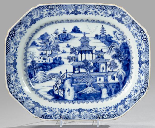 Chinese Export Blue and White Porcelain Platter: Chinese Export Blue and White Porcelain Platter, fourth quarter 18th century, of oblong octagonal form in "Lakeside Pavilions" decor, w. 12", l. 14-3/4".