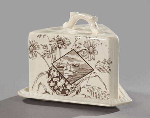 Staffordshire Pottery Cheese Cover and Plate: Good Staffordshire Pottery Cheese Cover and Matching Underplate, fourth quarter 19th century, of wedge form, the brown transfer-printed decoration in the Japonesque taste, h. 7-3/4", w. 10-1/2", d. 10