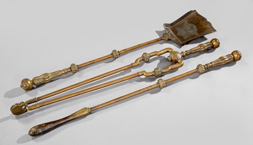 Three-Piece English Patinated Brass Hearth Set: Good Three-Piece English Patinated Brass Hearth Set, fourth quarter 19th century, in the neoclassical taste, comprised of a hearth shovel, log tong and poker, the finials all modeled as petal-ribbed o
