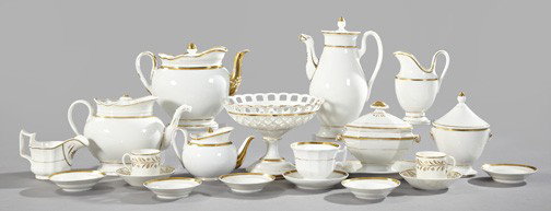 Twenty-Piece Collection of Paris Porcelain: Good Twenty-Piece Collection of Paris White and Gold Porcelain, comprised of a three-piece coffee service in the neoclassical style, consisting of a tall coffeepot of baluster form having an anthropom
