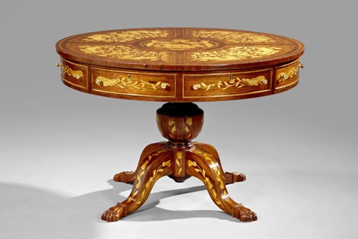 Dutch-Style Marquetry-Inlaid Center Table,: Dutch-Style Marquetry-Inlaid Center Table, of circular drum form, the top with urn- and floral-inlaid panels above a frieze of alternating drawers and faux drawers, and mounted to a large central pede
