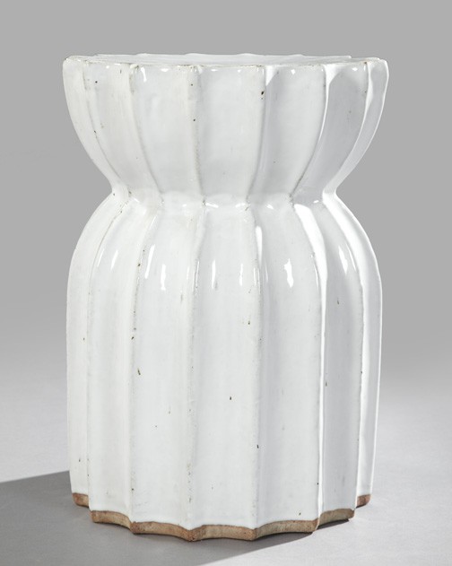 Large Italian Majolica Garden Seat,: Large Italian Majolica Garden Seat, second quarter 20th century, of fluted and waisted stylized bell form in the neoclassical taste, presented in a gloss white glaze, h. 17-3/4", dia. 13".