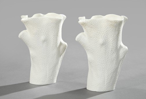 Continental Matte Porcelain Garniture Vases: Pair of Continental Matte White Porcelain Garniture Vases, in the form of large coral branch sections, the lips of freeform configuration, h. 8-1/2", dia. 6-1/2".