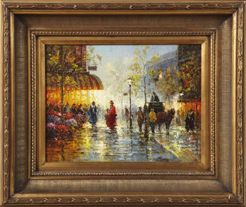 Manner of Edouard-Leon Cortes (French): Manner of Edouard-Leon Cortes (French, 1882-1969) "Evening Parisian Street Scene, With View of a Flower Stall", oil on panel, unsigned, 20th/21st century, 12" x 15-1/2". Presented in a Beaux Arts-styl