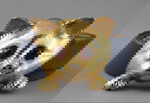 Christopher Ross Blue Leather Lady's Belt,: Christopher Ross Blue Leather Lady's Belt, 1976, with a large gilt-bronze buckle in the form of a kitten's head set with dark amber taxidermist's glass eyes, the buckle hallmarked on the interior with