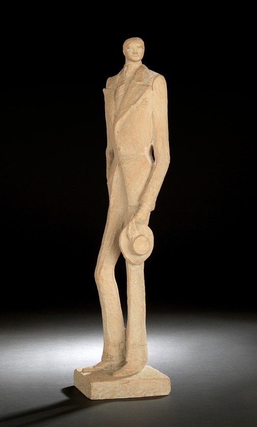 Austin Rand (American, Contemporary),: Austin Rand (American, Contemporary), a terra cotta figure of an attenuated dapper gentleman carrying a hat, dated 1974, signed and dated at the rear edge of the rectangular base, h. 25-1/2".