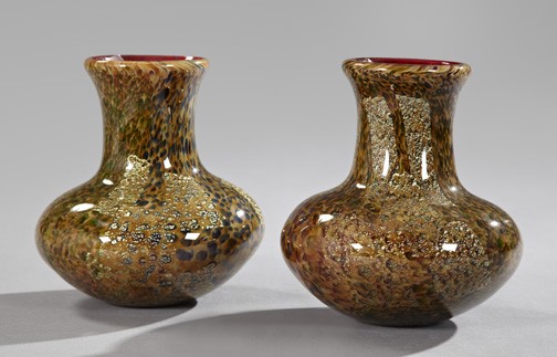 Italian Blown Ruby Glass Garniure Vases: Handsome Pair of Italian Blown Ruby Glass Garniture Vases, third quarter 20th century, cased in stylized "tortoiseshell" glass with gold leaf inclusions, h. 9-3/4", dia. 9".