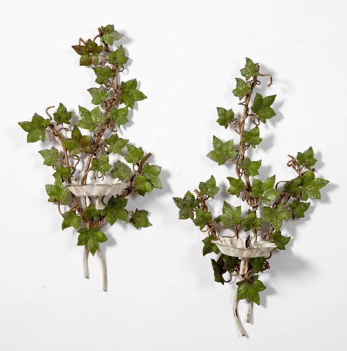 Pair of Italian Provincial Painted Iron Sconces: Pair of Italian Provincial Painted Iron Sconces, second quarter 20th century, in "Ivy" decor, the ivy leaves in green, the scalloped-edge bobeches in matte white, the painted surfaces attractively wor