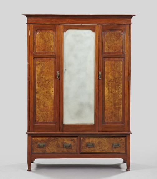 Edwardian Walnut and Burl Walnut Armoire,: Edwardian Walnut and Burl Walnut Armoire, ca. 1900, the top with a molded and dentillated cornice above a central beveled mirror flanked by raised panel doors to each side and a pair of drawers below,