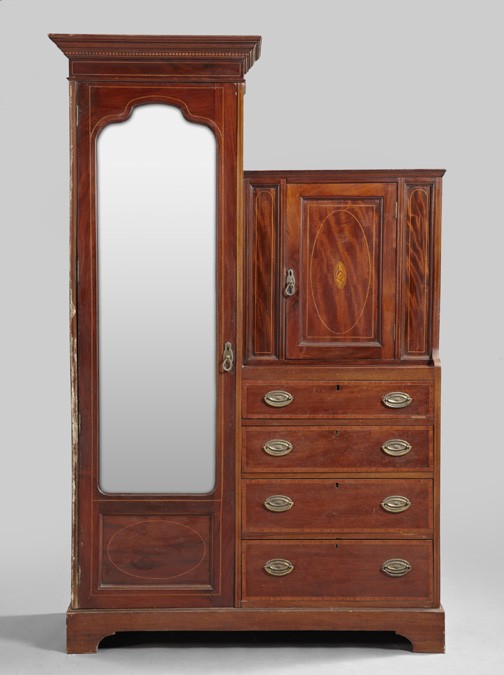 Edwardian Inlaid Mahogany Wardrobe,: Edwardian Inlaid Mahogany Wardrobe, early 20th century, one side fitted with a molded and dentillated cornice above a single mirrored door, opening to a fitted hanging space, the other lower side fitt