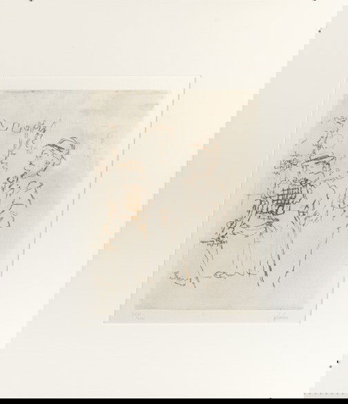 Jack Levine (American/New York, b. 1915): Jack Levine (American/New York, b. 1915) "Mack Sees Polly Peachum", 1967, etching, signed in pencil lower right "J. Levine", numbered lower left "XXVI/XLV", sight 13-1/4" x 10-1/4". Glazed, matted and