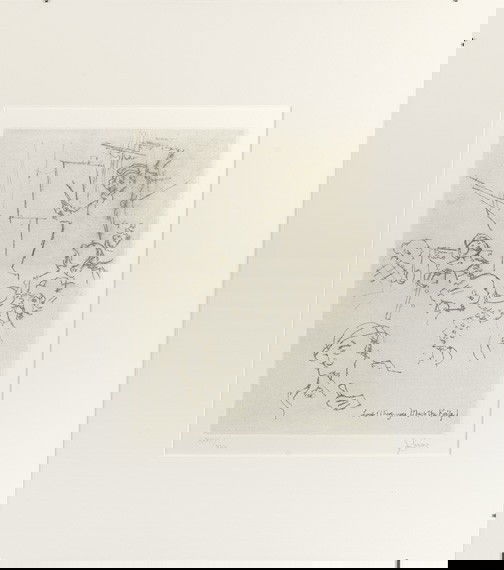 Jack Levine (American/New York, b. 1915): Jack Levine (American/New York, b. 1915) "Look! There Goes Mack the Knife", 1967, copper etching, signed in pencil lower right "J. Levine", numbered in pencil lower left "XXVI/XLV", sight 13" x 10". G