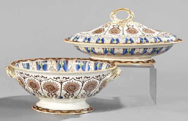 Brownfield and Son, Staffordshire Ware: Two-Piece Group of Brownfield and Son, Staffordshire Ware, comprising an attractive brown transfer-printed two-handled and footed fruit bowl in "Cyprus" pattern, fourth quarter 19th century; and a mat