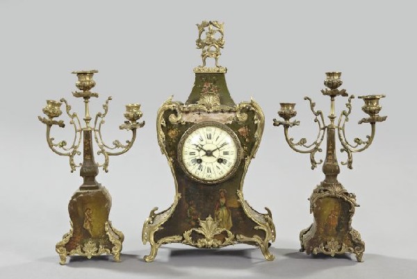 French Green Vernis Martin Mantel Garniture: Three-Piece French Green Vernis Martin Mantel Garniture, first quarter 20th century, with gilt-brass mounts in the Louis XV style, the clockworks with a circular Medaille d'Or 1855 touchmark, the set 