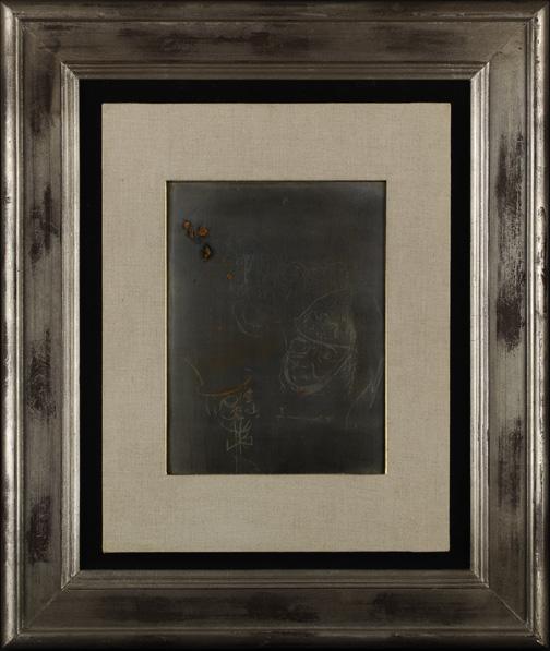 Jack Levine (American/New York, b. 1915): Jack Levine (American/New York, b. 1915) "Untitled", metal ink plate, sight 12" x 8-1/2". Attractively linen-matted, mounted onto a black fabric background and presented in a silvered frame.