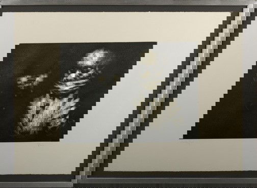 Jack Levine (American/New York, b. 1915): Jack Levine (American/New York, b. 1915) "The Prisoner", 1963, black and white lithograph, artist's proof, signed in pencil lower right "J. Levine", 21" x 29". Glazed and presented in a silvered frame