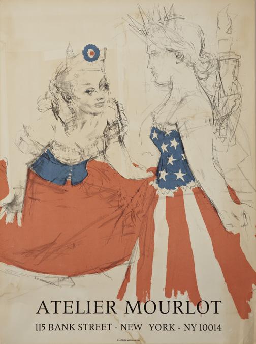 Jack Levine (American/New York, b. 1915): Jack Levine (American/New York, b. 1915) "Atelier Mourlot Poster-Marianne and the Goddess of Liberty", suite of 133 lithographs in black and white, with orange and blue, unsigned, 28" x 21". Unmatted