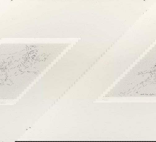 Jack Levine (American/New York, b. 1915): Jack Levine (American/New York, b. 1915) "Apollo and Daphne", 1963-1964, lithograph, signed in pencil lower right "J. Levine", numbered lower left "45/100", sight 9-1/2" x 11". Glazed, matted and moun