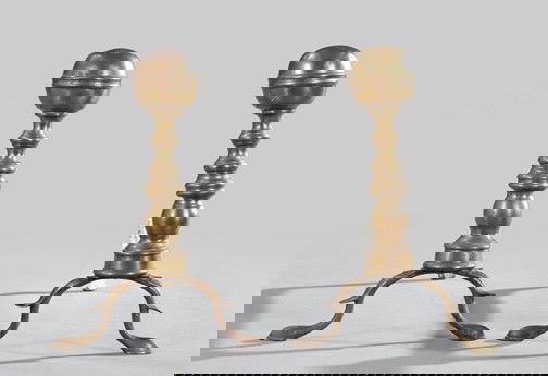 American Brass and Wrought-Iron Andirons: Good Pair of American Brass and Wrought-Iron "Cannonball" Andirons, second quarter 19th century, Boston, the facade elements of cabriole-legged ringed brass, with "cannonball" finials, the billets of