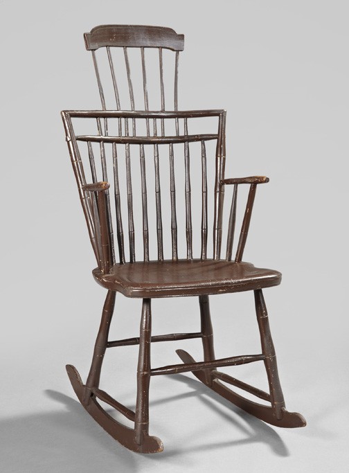 American Comb-Back Windsor Rocking Chair: American Painted Comb-Back Windsor Rocking Chair, ca. 1800, the back, legs and spindles faux-bamboo turned and the single plank saddle seat revealing the through-mortised legs, h. 41-1/4", w. 20", d. 