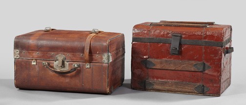 Group of Two Trunks,: Group of Two Trunks, consisting of a good Frank Niles Company leather-covered wooden uniform trunk with a paper interior label dated July 8, 1891, h. 12", w. 19-1/2", d. 13"; and a slightly larger str