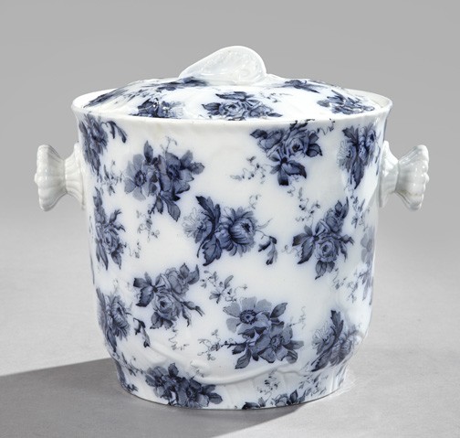 Ridgeway's "Verona" Ironstone Slop Jar: Ridgeway's Blue and White "Verona" Ironstone Slop Jar, fourth quarter 19th century, of covered, two-handled form, h. 11", dia. 10-3/4".