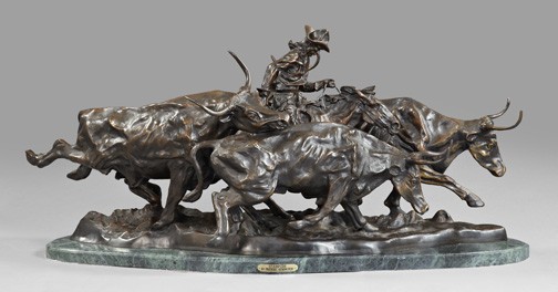 After Frederic Sackrider Remington (American): After Frederic Sackrider Remington (American, 1861-1909) "Stampede", a large and elaborate patinated bronze group of a mounted cowboy crowded by stampeding steers, signed at the front right edge of th