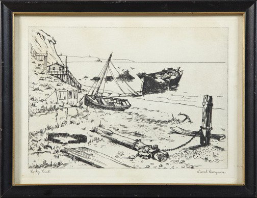 Lionel Barrymore (American, 20th Century): Lionel Barrymore (American, 20th Century) "Shadeside Farm", "Rocky Point" and "San Pedro", suite of three black and white etchings, titled lower left, signed lower right, all glazed and presented in e