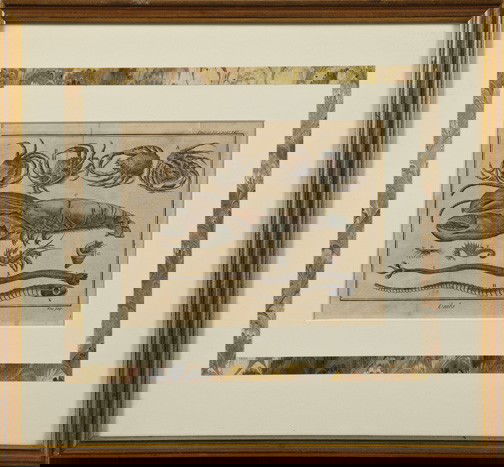 Group of Two "Sea" Items,: Group of Two "Sea" Items, consisting of British School (Fourth Quarter 18th Century) "Crabs", hand-colored engraving, sight 5-3/4" x 7-1/2", glazed, matted and framed; and "The Crab Hut", a polychrome