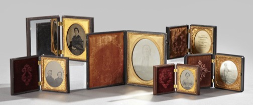 Six Tintype and Daguerreotype Cases: Collection of Six Tintype and Daguerreotype Cases, comprised of a magnum example containing a fine tintype of an elderly woman in a white lawn cap, third quarter 19th century; an embossed gutta-percha