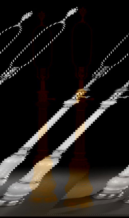 Frederick Cooper Eglomise Table Lamps: Pair of Frederick Cooper, Chicago, Gilt-Brass-Mounted Eglomise Table Lamps, of Napoleon III carcel form, the tall ivory eglomise standard with black and gold banding, each lamp fitted with a brass fin