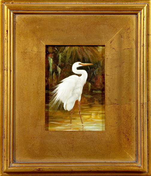 American School (20th/21st Century): American School (20th/21st Century) "White Herons", pair of oils on panel, unsigned, 7" x 5". Presented in molded giltwood frames.