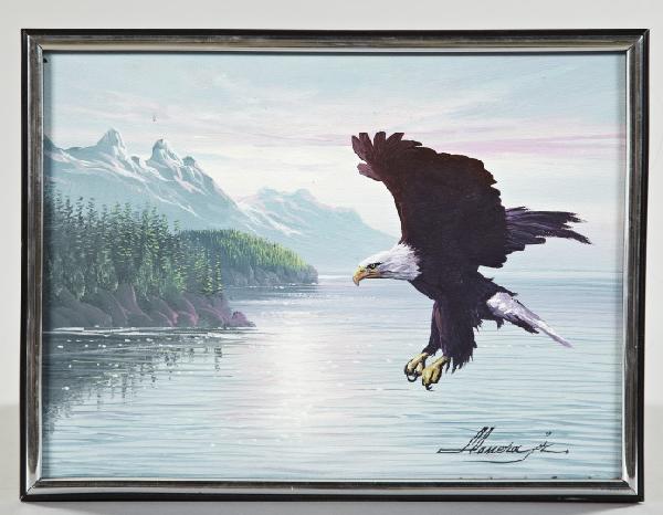 Lance Cameron (American): Lance Cameron (American, b. 1953, Works in Alaska) "American Majesty: Bald Eagle in Flight", oil on canvas, 12" x 16", signed and dated lower right. Presented in a black-lacquered wooden frame with si