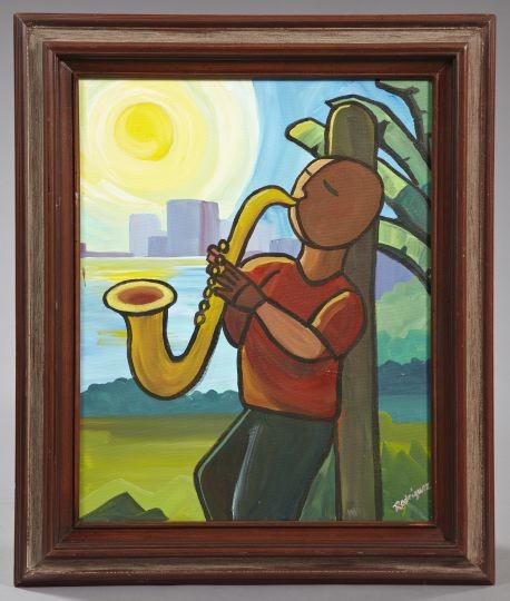 Todd Rodriguez (American, b. 1967): Todd Rodriguez (American, b. 1967) "New Orleans Jazz Musician", oil on canvas, 20" x 16". Presented in a gray-pickled and stained frame.
