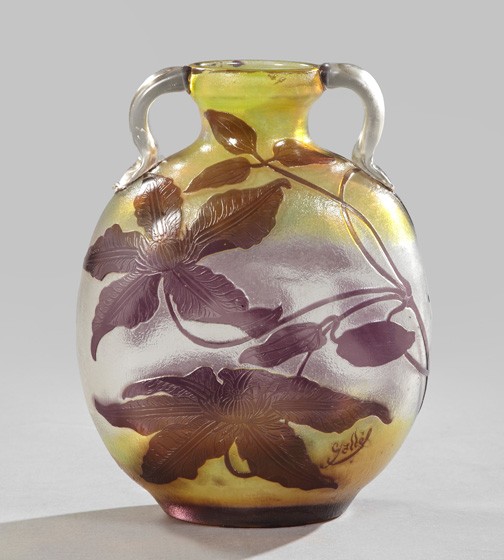 French Art Nouveau Style Cameo-Cut Glass Vase: French Art Nouveau Style Cameo-Cut Glass Two-Handled Vase, in colorless, amethyst and citron yellow glass and "Orchid" decor in the manner of Emile Galle, signed on the facade with a pseudo-Galle scri