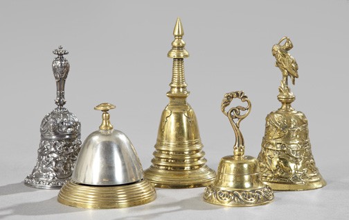 Collection of Silverplate and Brass Table Bells: Five-Piece Collection of Silverplate and Brass Table Bells, comprised of a Gorham "Old Florentine" silverplate bell, second quarter 20th century; a large Continental brass ringed table bell in the 18t