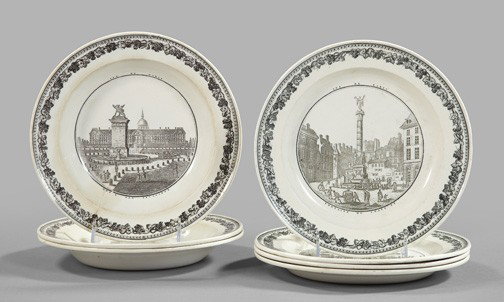 Seven Creil "Landmarks of Paris" Plates: Fine Set of Seven Creil "Landmarks of Paris" Plates, first quarter 19th century, consisting of four dessert plates and three soup plates in black and white transfer-printed decor, each plate centered 