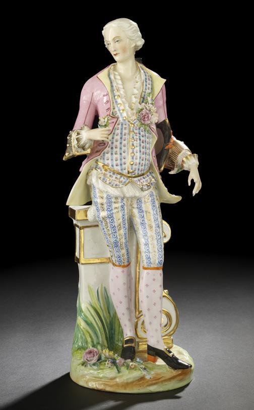 Large Paris Porcelain Garniture Figure,: Large Paris Porcelain Garniture Figure, third quarter 19th century, possibly the Gille Jeune factory, the elaborately polychromed and parcel-gilt figure depicting a Louis XVI gentleman-of-fashion hold