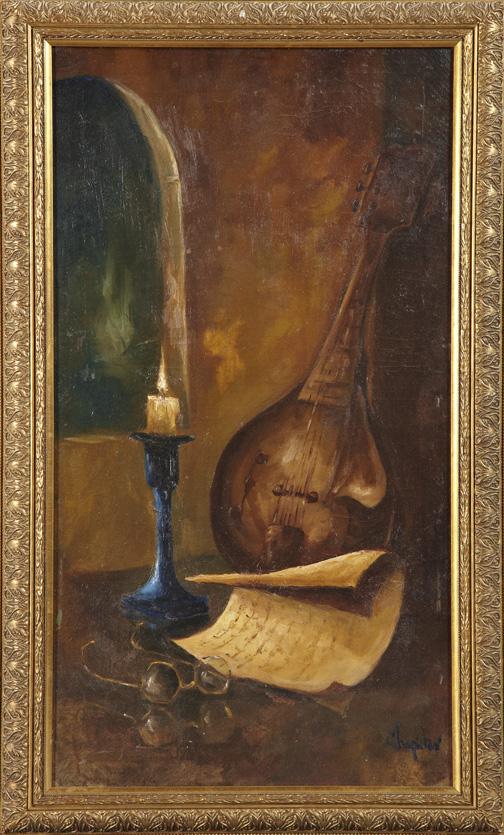 Continental School (Mid-20th Century): Continental School (Mid-20th Century) "Still Life with a Lute, Candle and Spectacles", oil on canvas, signed "Chopoton" lower right and in pencil verso, 33" x 15". Presented in a giltwood and gesso fr