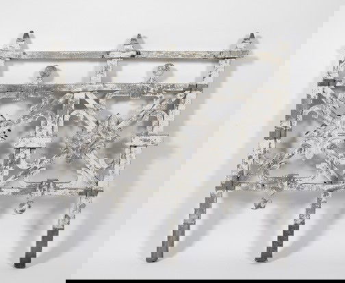 Polychromed Cast-Zinc Garden Gate Panels,: Polychromed Cast-Zinc Garden Gate Panels, ca. 1900, the square panels of stylized rosette form, joined by square uprights with pyramidal finials, h. 37", w. 39", d. 2".