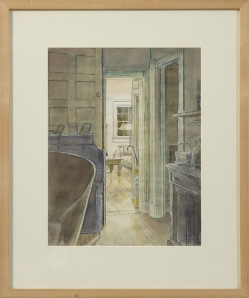 Nicholas Marvell (American, Contemporary): Nicholas Marvell (American, Contemporary) "Dickinson Avenue" and "Family Room From Living Room", 1989, two watercolors on paper, initialed in pencil lower right, verso affixed with a "OK Harris Works 